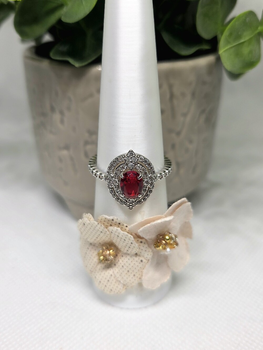 BP Vintage-Inspired Ruby CZ Halo Ring On Rhodium Plating